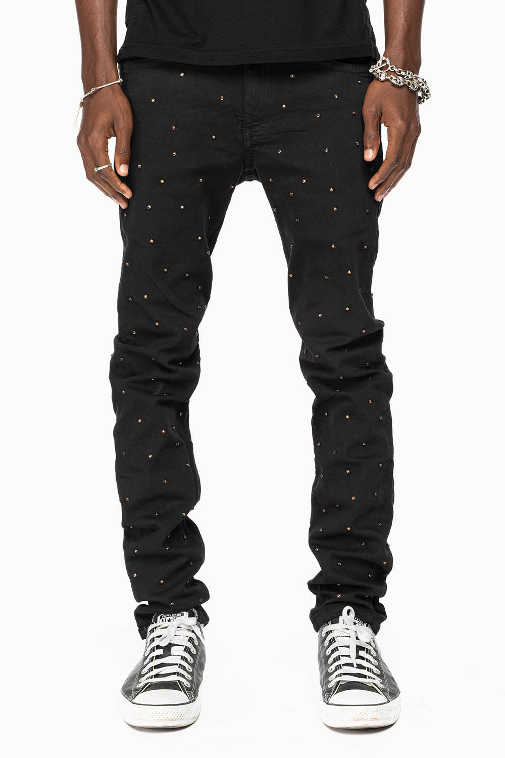 SKINNY JEAN IN PURE BLACK WITH GOLD O.E. LOGO EMBELLISHED ALLOVER WITH SMOKY TOPAZ CRYSTALS