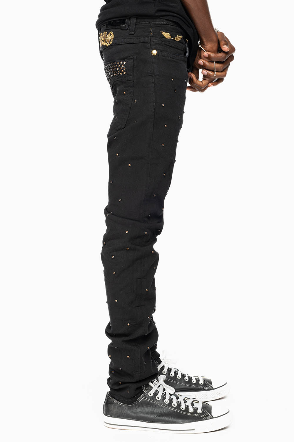 SKINNY JEAN IN PURE BLACK WITH GOLD O.E. LOGO EMBELLISHED ALLOVER WITH SMOKY TOPAZ CRYSTALS