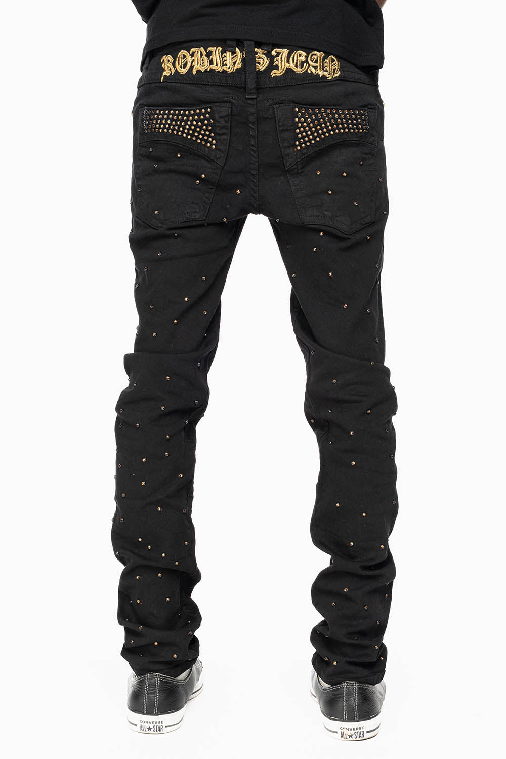 SKINNY JEAN IN PURE BLACK WITH GOLD O.E. LOGO EMBELLISHED ALLOVER WITH SMOKY TOPAZ CRYSTALS