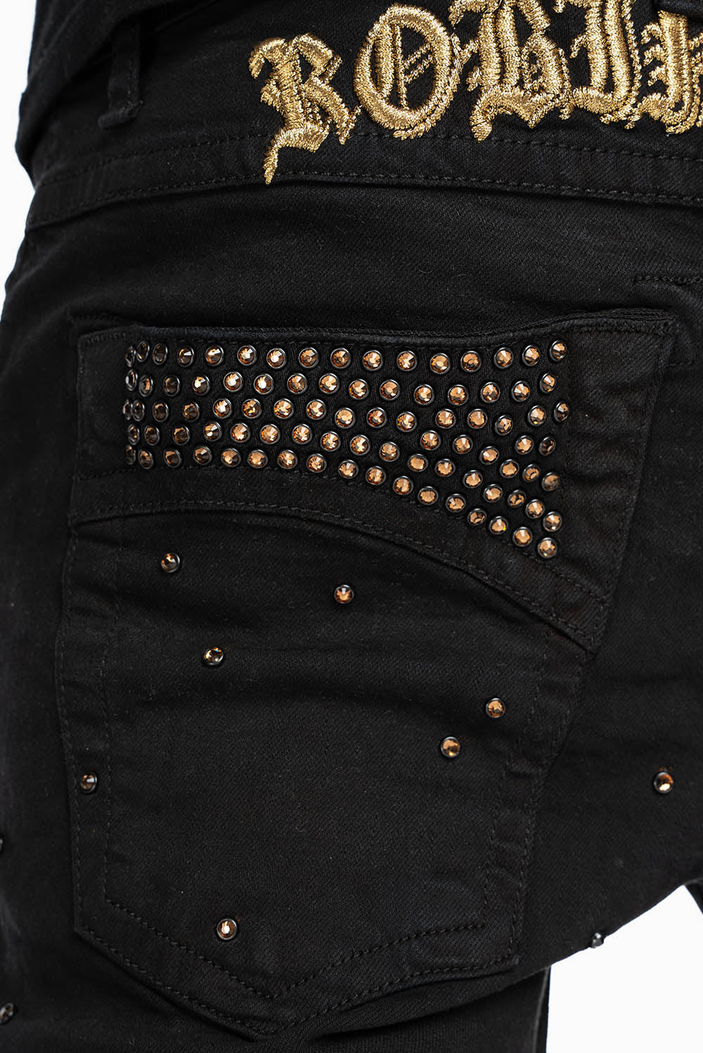 SKINNY JEAN IN PURE BLACK WITH GOLD O.E. LOGO EMBELLISHED ALLOVER WITH SMOKY TOPAZ CRYSTALS