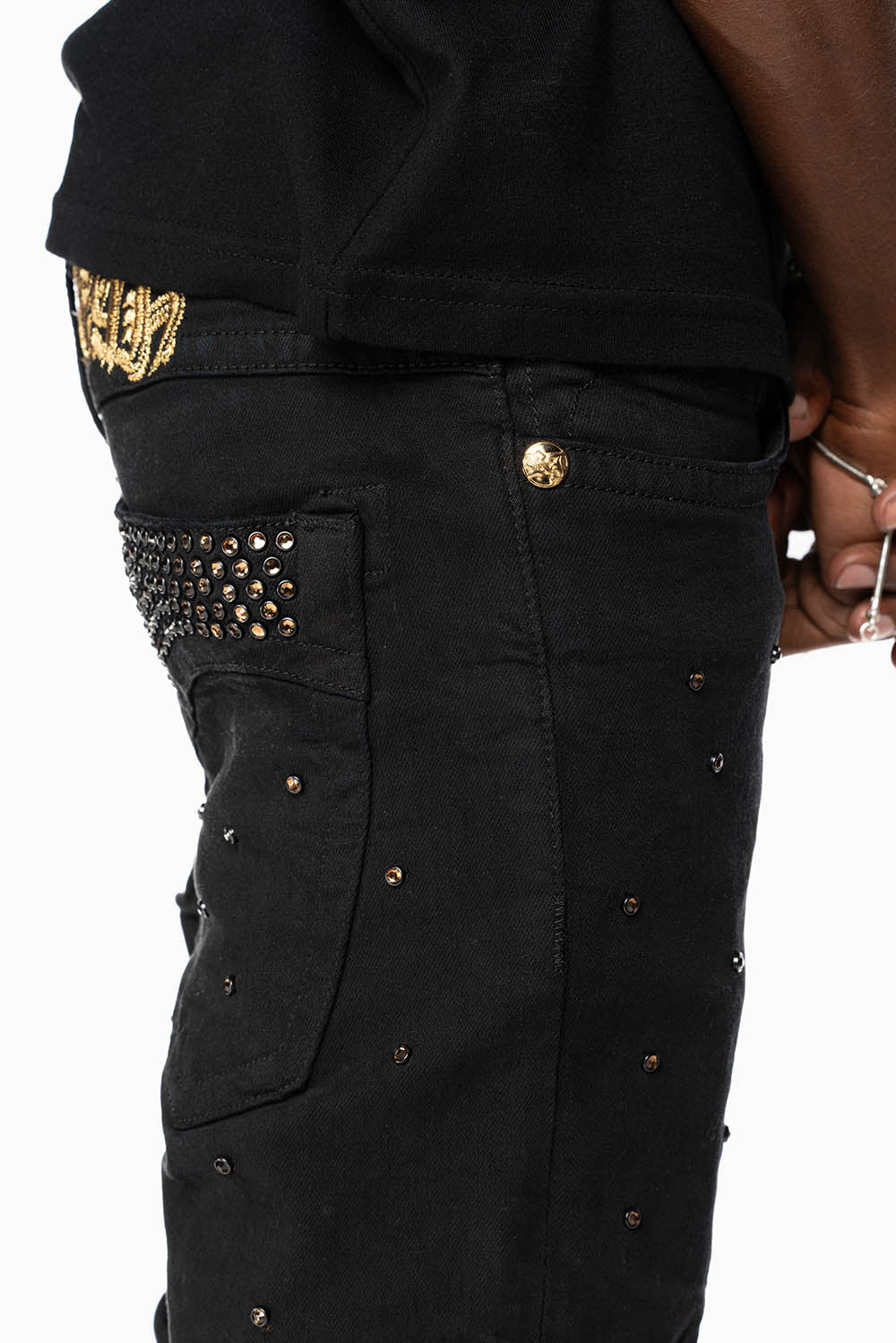 SKINNY JEAN IN PURE BLACK WITH GOLD O.E. LOGO EMBELLISHED ALLOVER WITH SMOKY TOPAZ CRYSTALS