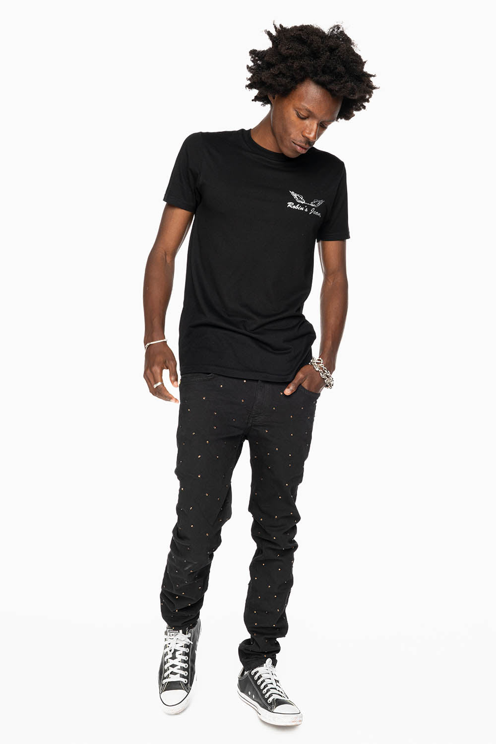 SKINNY JEAN IN PURE BLACK WITH GOLD O.E. LOGO EMBELLISHED ALLOVER WITH SMOKY TOPAZ CRYSTALS