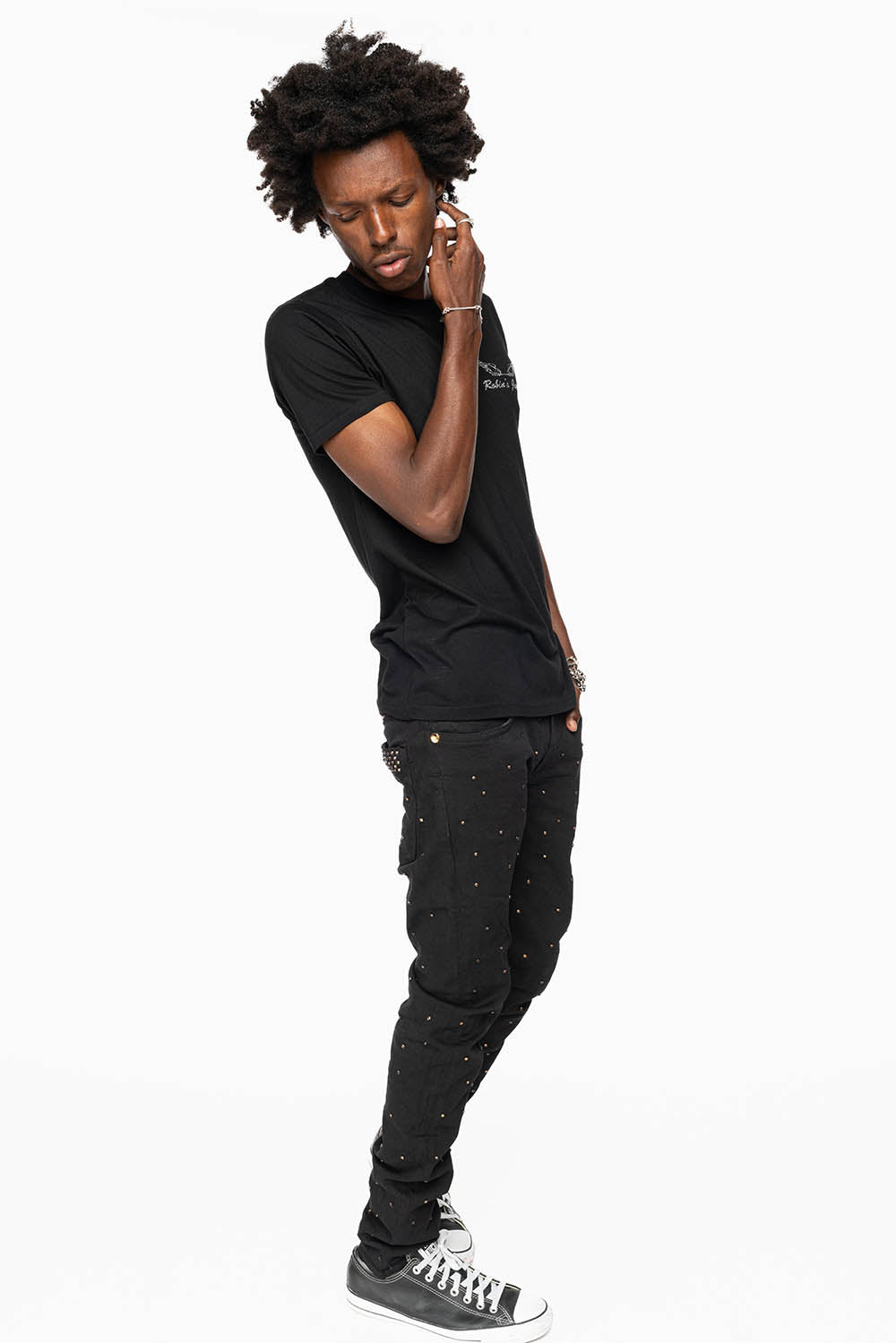 SKINNY JEAN IN PURE BLACK WITH GOLD O.E. LOGO EMBELLISHED ALLOVER WITH SMOKY TOPAZ CRYSTALS