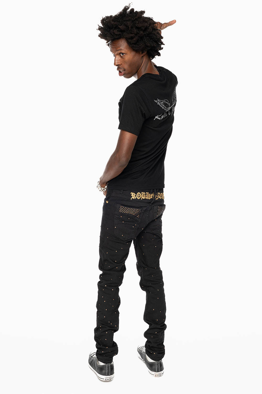SKINNY JEAN IN PURE BLACK WITH GOLD O.E. LOGO EMBELLISHED ALLOVER WITH SMOKY TOPAZ CRYSTALS