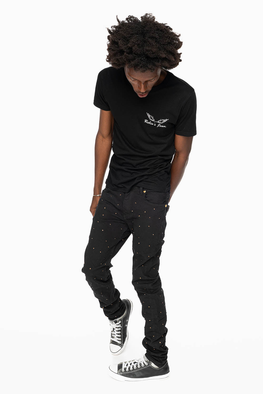 SKINNY JEAN IN PURE BLACK WITH GOLD O.E. LOGO EMBELLISHED ALLOVER WITH SMOKY TOPAZ CRYSTALS