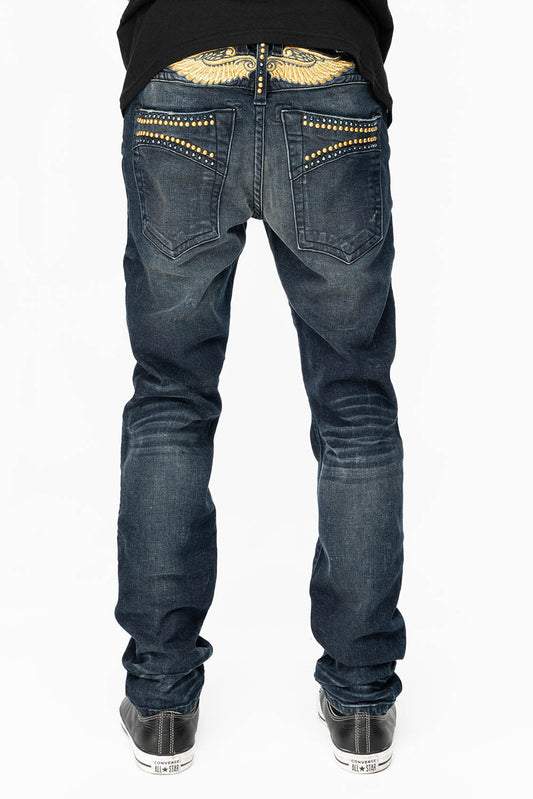 SKINNY MENS JEANS IN 4 D DARK BLUE WASH  WITH BLUE SAPPHIRE CRYSTALS AND FROSTY GOLD NAILHEAD