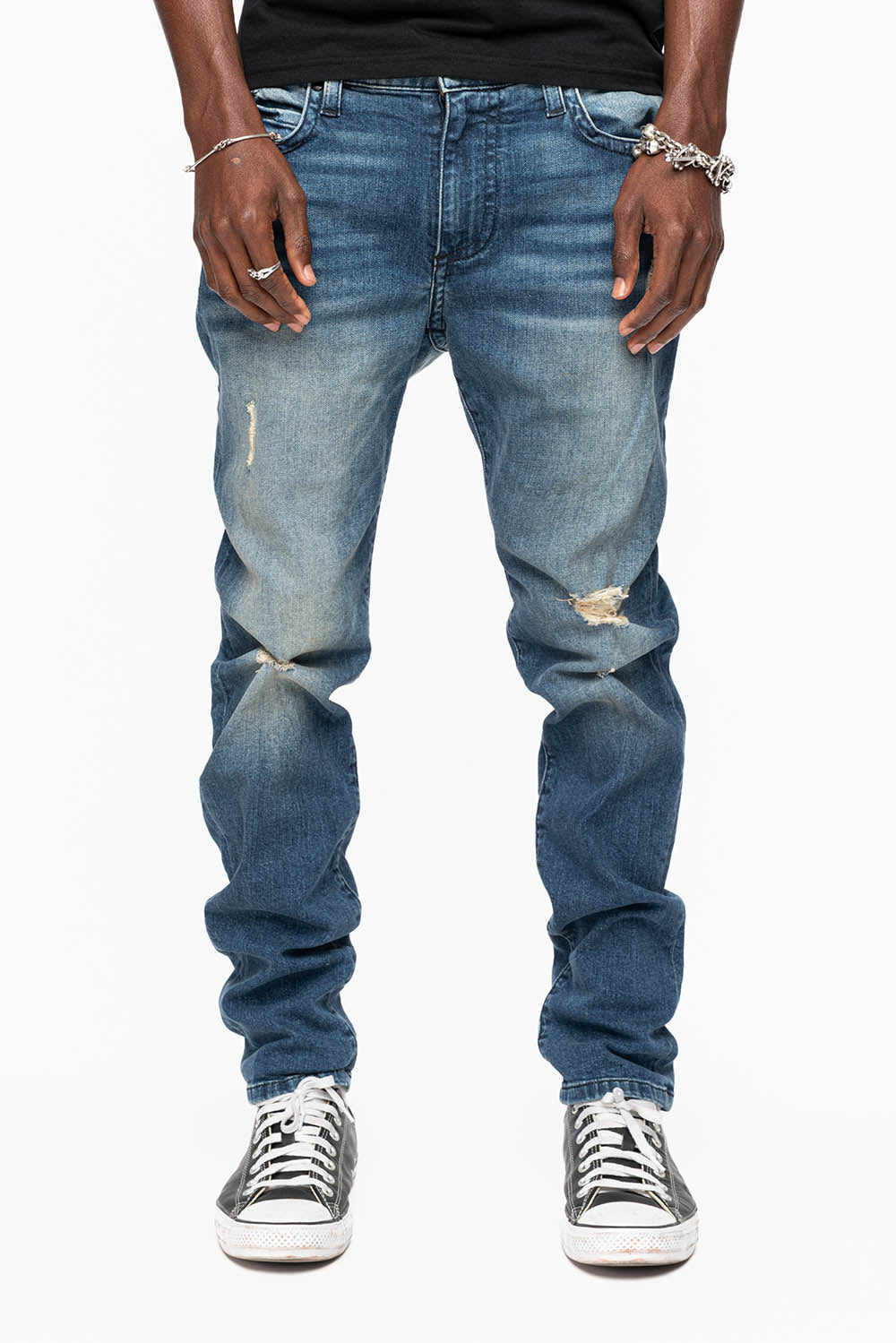 LONG FLAP MENS SKINNY JEANS IN ALBANY DARK BROKEN WASH WITH MONTANA BLUE AND SMOKY TOPAZ CRYSTALS