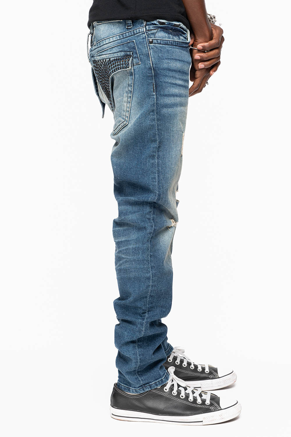 LONG FLAP MENS SKINNY JEANS IN ALBANY DARK BROKEN WASH WITH MONTANA BLUE AND SMOKY TOPAZ CRYSTALS