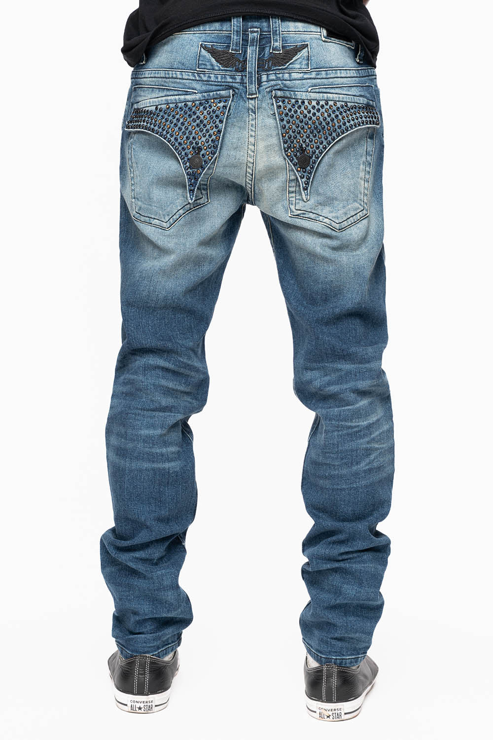 LONG FLAP MENS SKINNY JEANS IN ALBANY DARK BROKEN WASH WITH MONTANA BLUE AND SMOKY TOPAZ CRYSTALS