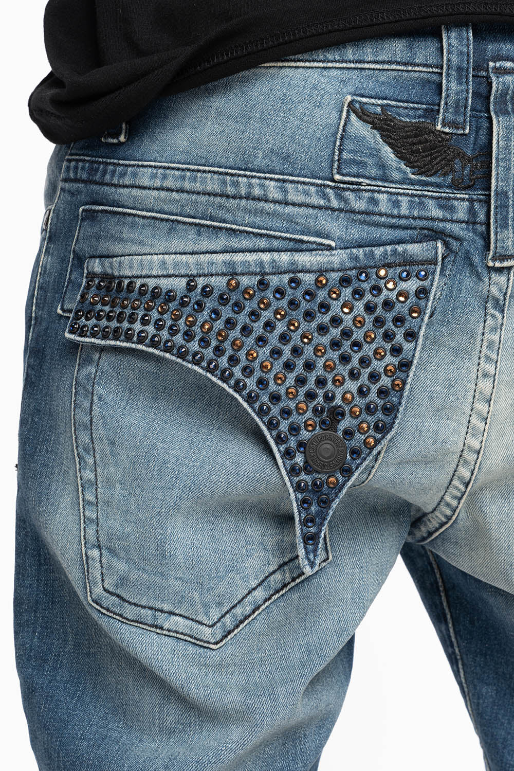 LONG FLAP MENS SKINNY JEANS IN ALBANY DARK BROKEN WASH WITH MONTANA BLUE AND SMOKY TOPAZ CRYSTALS
