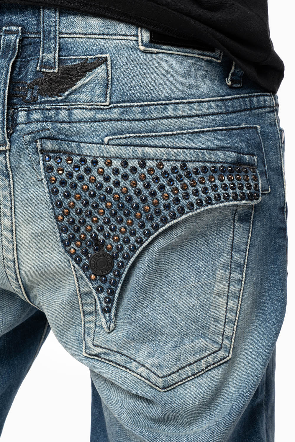 LONG FLAP MENS SKINNY JEANS IN ALBANY DARK BROKEN WASH WITH MONTANA BLUE AND SMOKY TOPAZ CRYSTALS