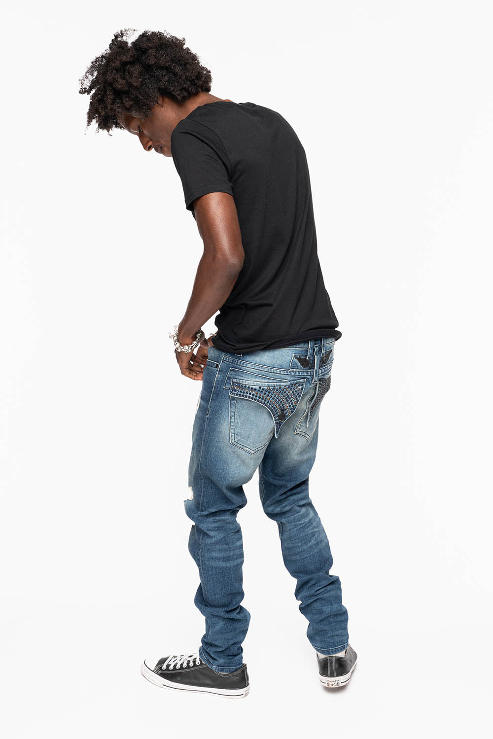 LONG FLAP MENS SKINNY JEANS IN ALBANY DARK BROKEN WASH WITH MONTANA BLUE AND SMOKY TOPAZ CRYSTALS