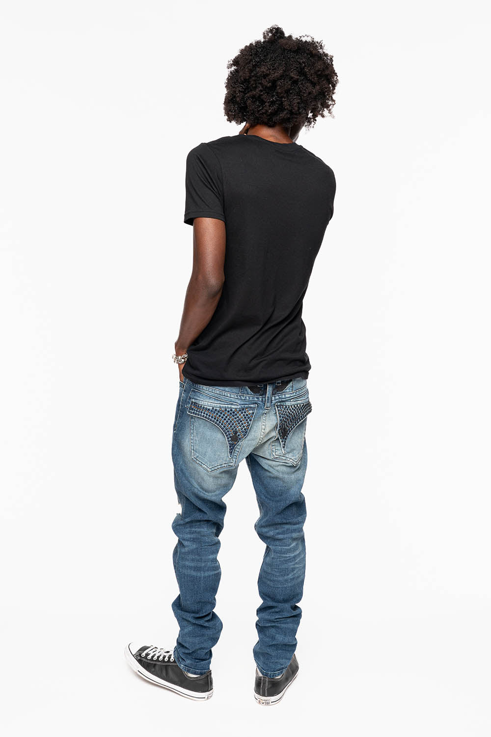 LONG FLAP MENS SKINNY JEANS IN ALBANY DARK BROKEN WASH WITH MONTANA BLUE AND SMOKY TOPAZ CRYSTALS