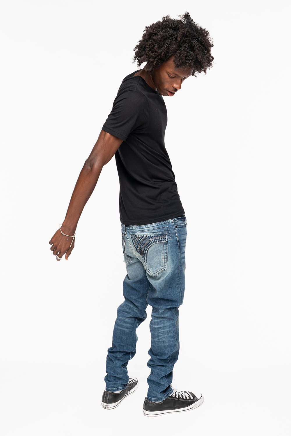 LONG FLAP MENS SKINNY JEANS IN ALBANY DARK BROKEN WASH WITH MONTANA BLUE AND SMOKY TOPAZ CRYSTALS