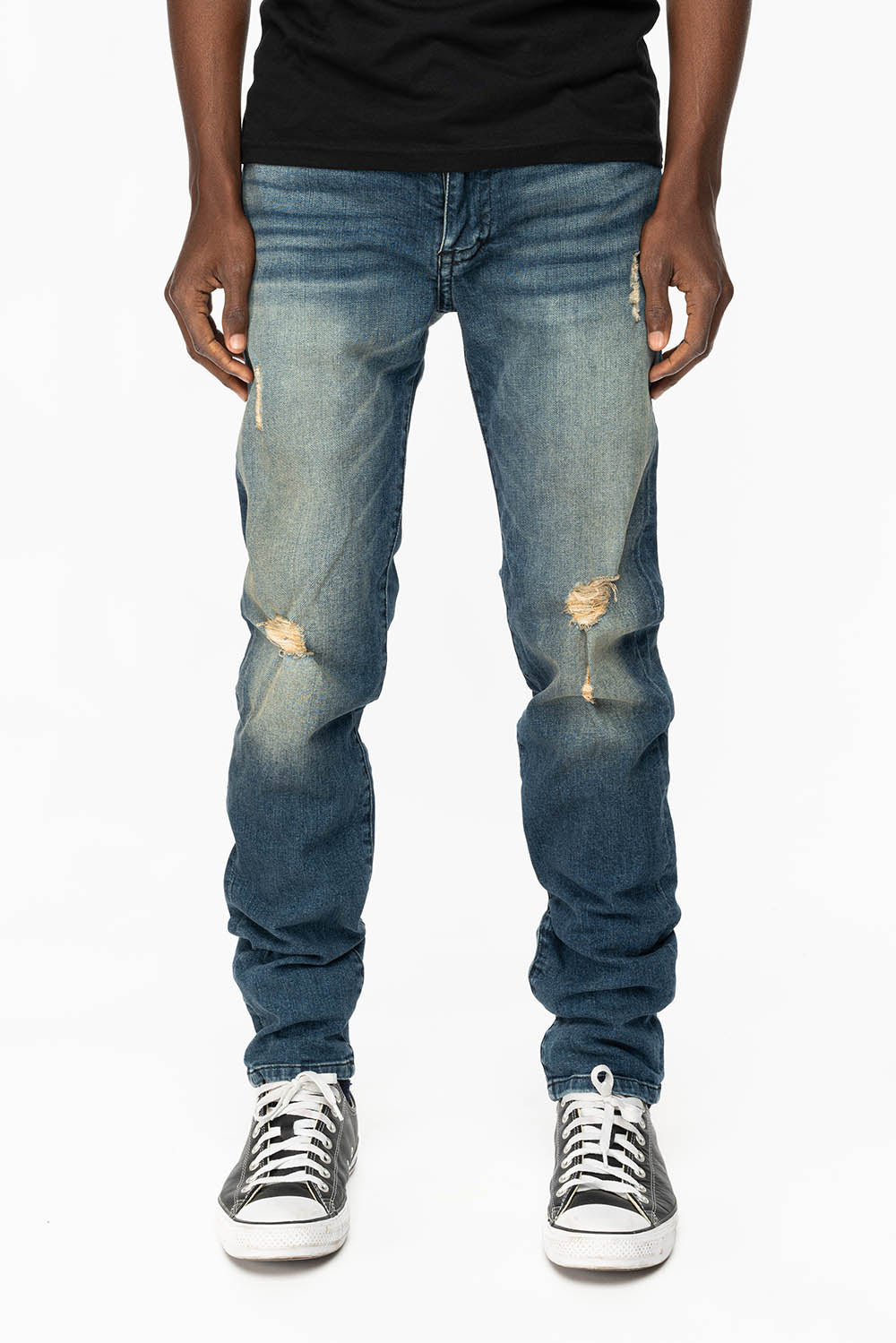 LONG FLAP SLIM FIT MENS JEANS WITH CRYSTALS & STUDS IN ALBANY DARK BROKEN WASH