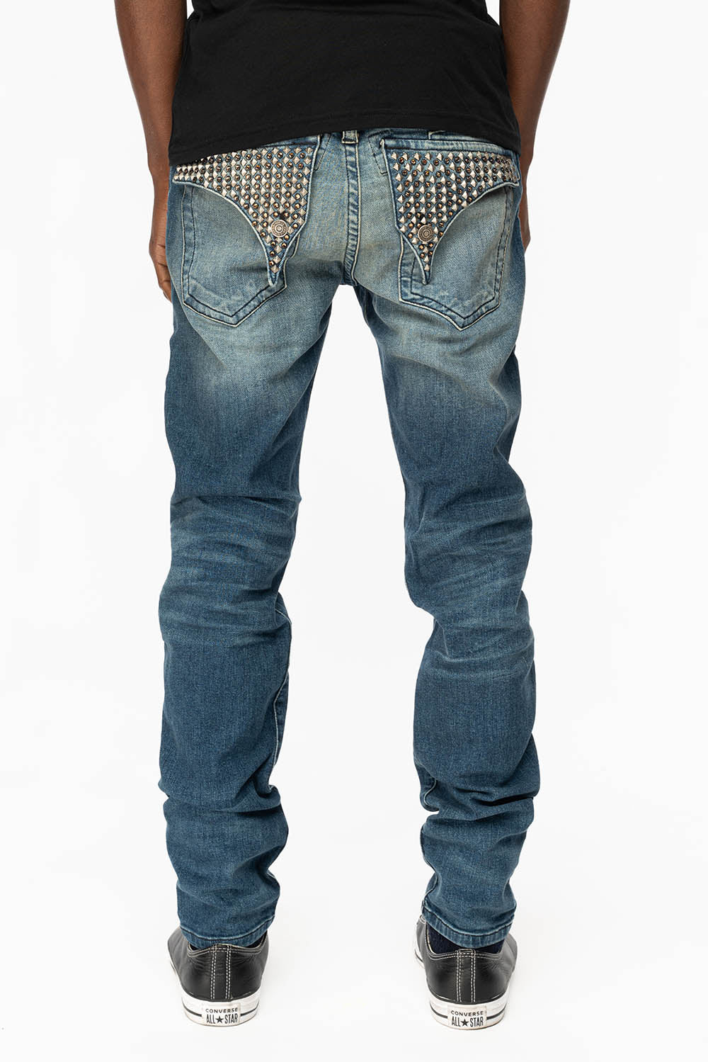 LONG FLAP SLIM FIT MENS JEANS WITH CRYSTALS & STUDS IN ALBANY DARK BROKEN WASH