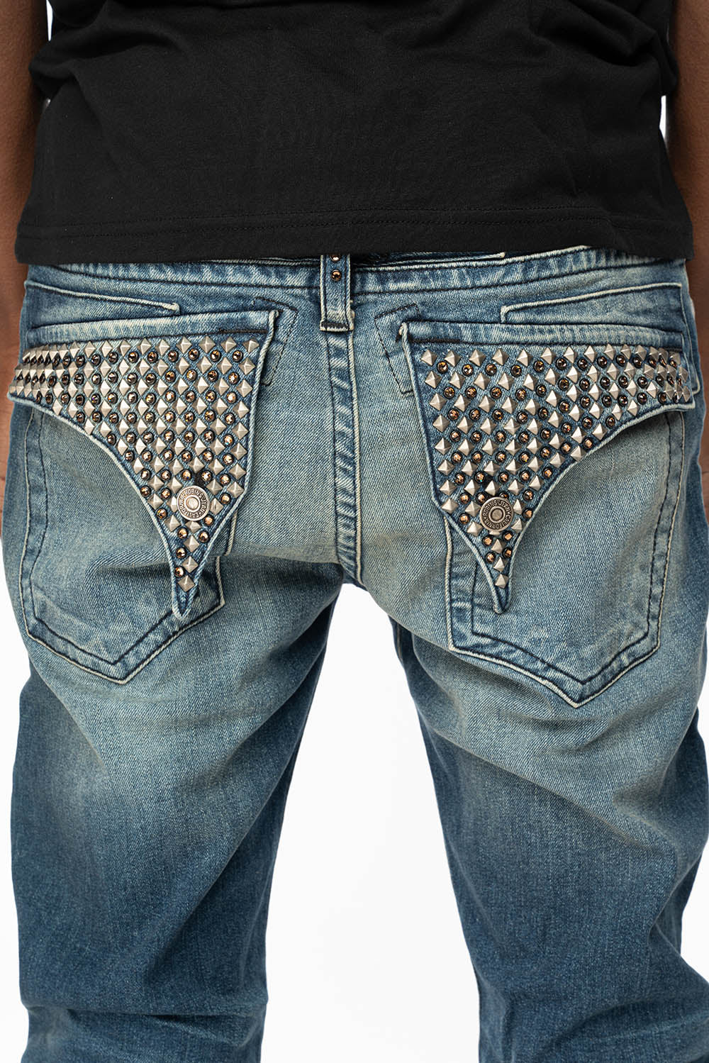 LONG FLAP SLIM FIT MENS JEANS WITH CRYSTALS & STUDS IN ALBANY DARK BROKEN WASH