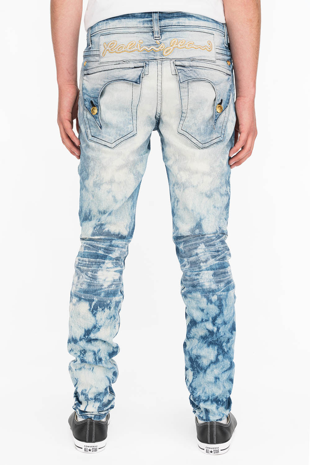 KILLER FLAP MENS SKINNY JEANS IN NEW CLOUD JAPAN WITH GOLD AND SILVER EMBROIDERY PATCH