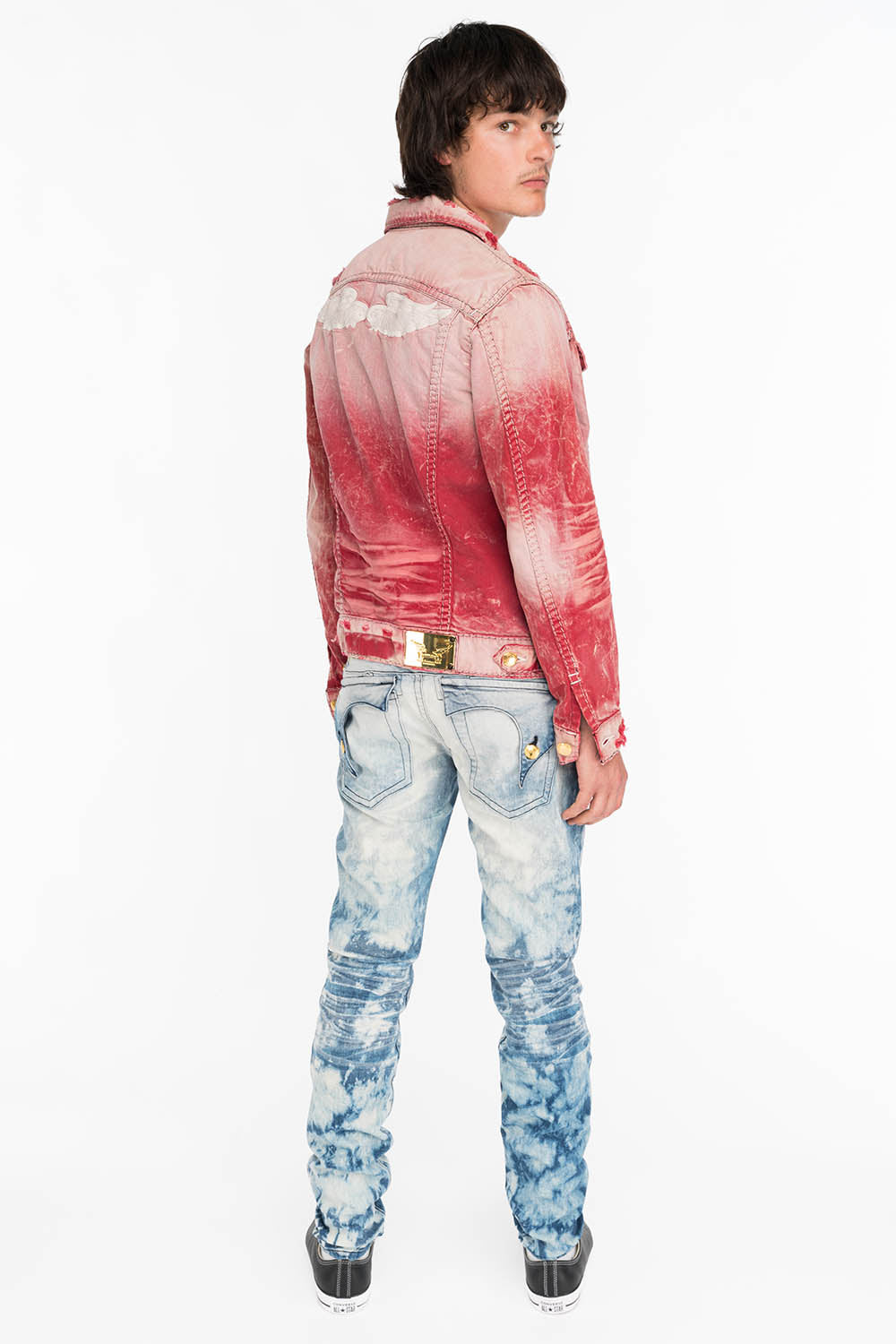 KILLER FLAP MENS SKINNY JEANS IN NEW CLOUD JAPAN WITH GOLD AND SILVER EMBROIDERY PATCH