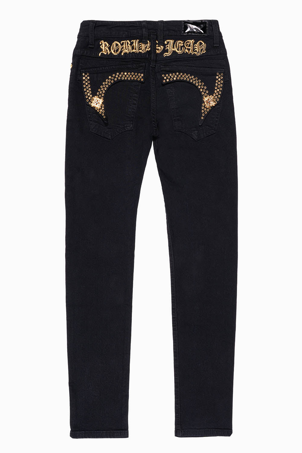 KILLER FLAP MENS SKINNY JEANS IN PURE BLK  EMBELLISHED WITH  CRYSTALS AND  JEWEL BROOCH