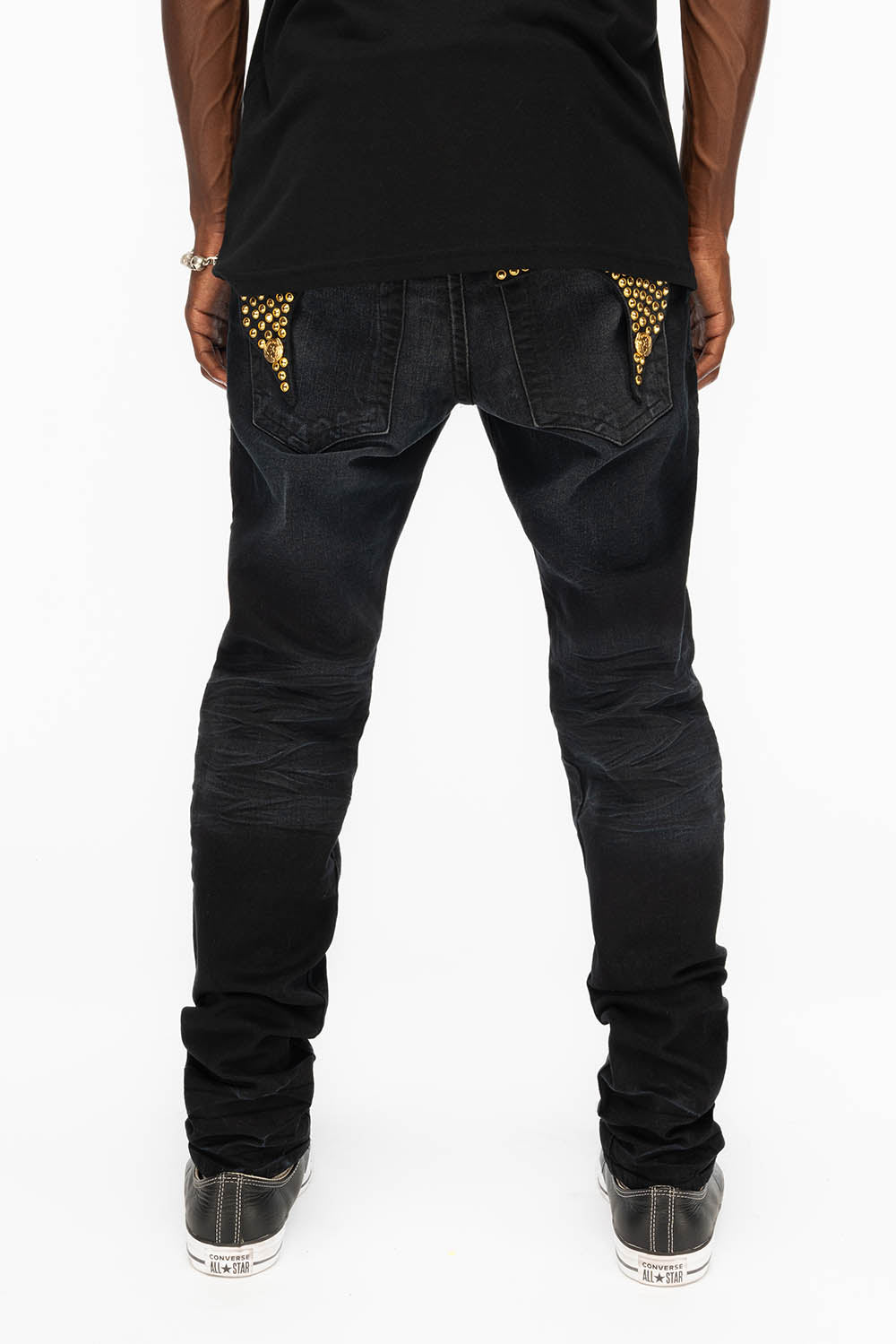 KILLER FLAP SKINNY MENS JEANS IN F_UP BLACK WITH FULL GOLD CRYSTALS