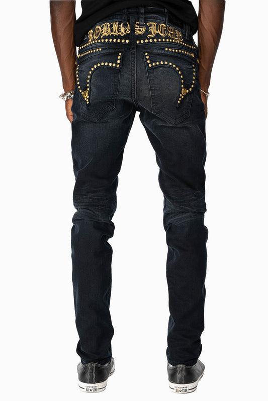 MENS F-UP BLACK SLIM FIT KILLER FLAP JEANS WITH O.E. SCRIPT EMBELLISHED WITH GOLD NAILHEADS