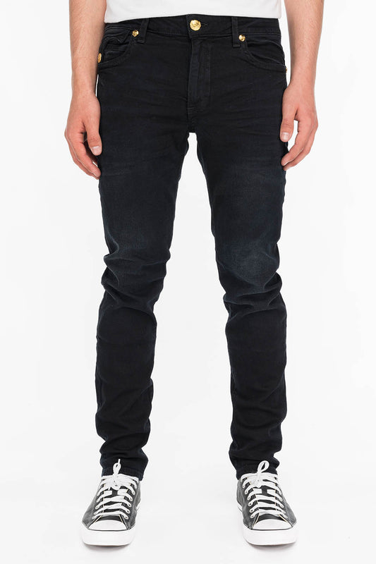 KILLER FLAP MENS SKINNY JEANS IN F_UP BLACK WITH GOLD O.E. LOGO