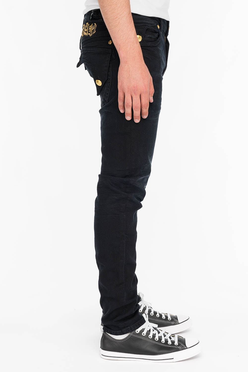 KILLER FLAP MENS SKINNY JEANS IN F_UP BLACK WITH GOLD O.E. LOGO