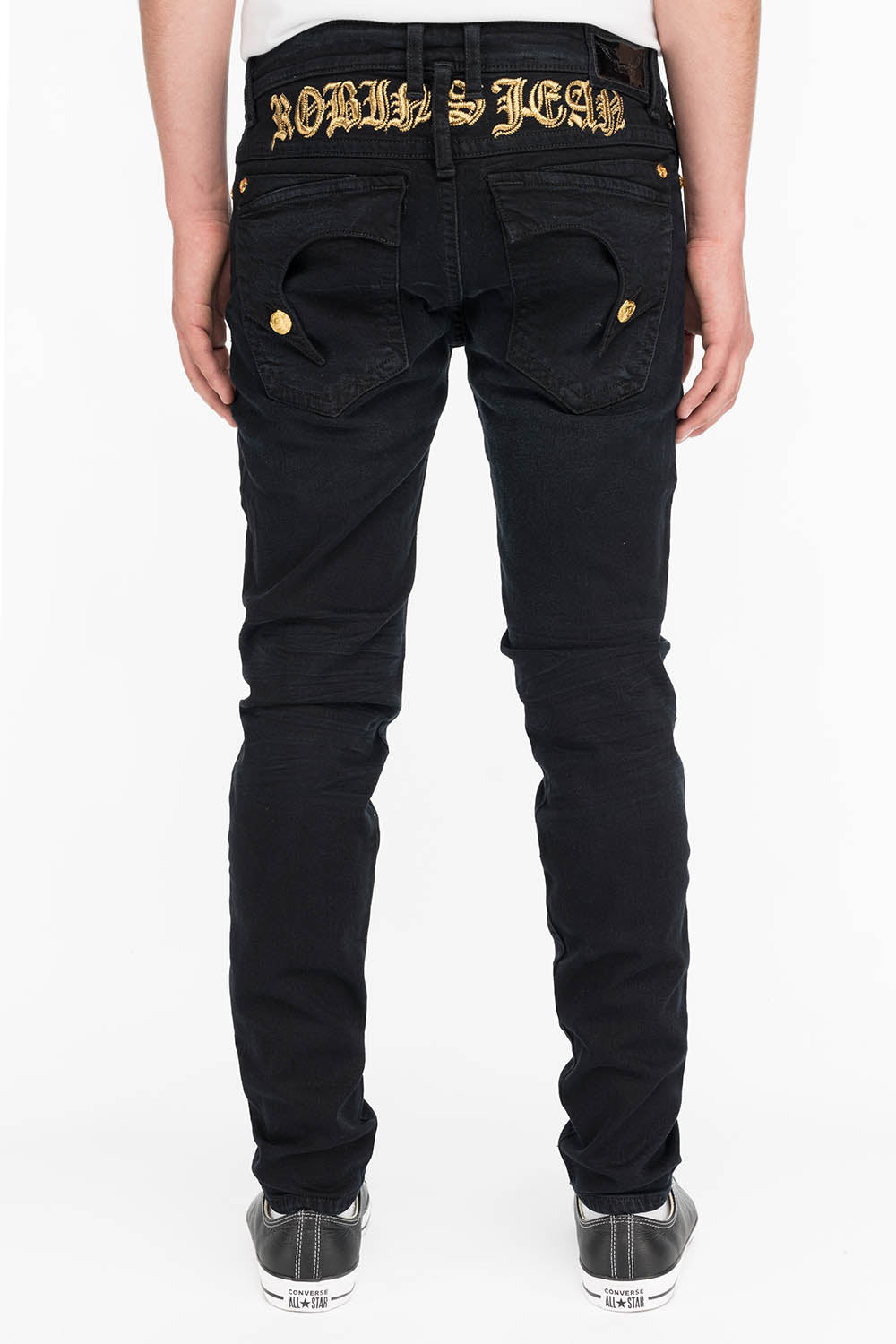 KILLER FLAP MENS SKINNY JEANS IN F_UP BLACK WITH GOLD O.E. LOGO