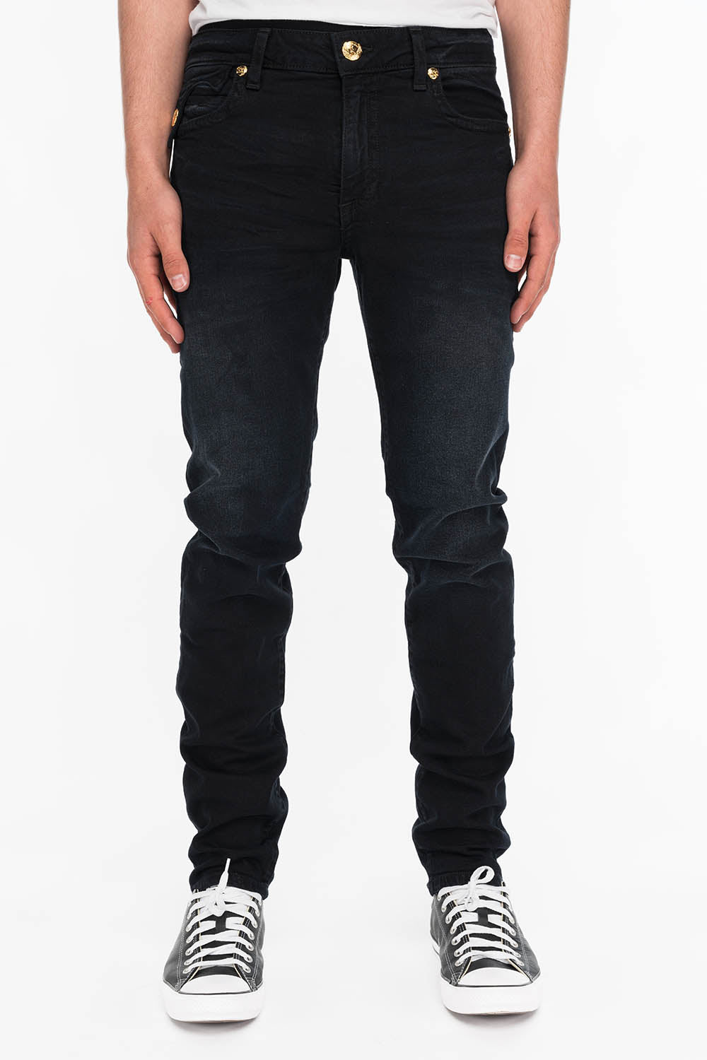 KILLER FLAP MENS SKINNY JEANS IN BLACK WITH GOLD O.E. LOGO