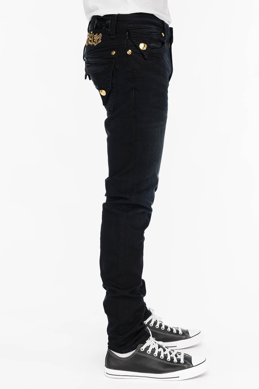 KILLER FLAP MENS SKINNY JEANS IN BLACK WITH GOLD O.E. LOGO