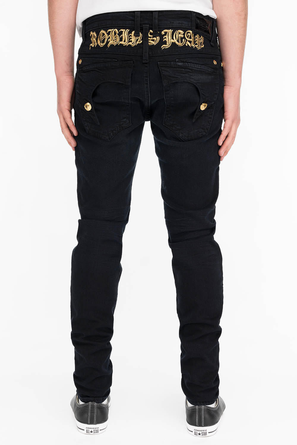 KILLER FLAP MENS SKINNY JEANS IN BLACK WITH GOLD O.E. LOGO