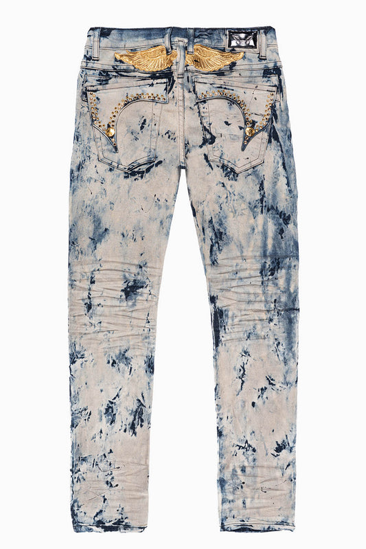 KILLER FLAP MENS SKINNY JEANS IN FROZEN WASH WITH EMBELLISHED  SMOKY TOPAZ CRYSTALS