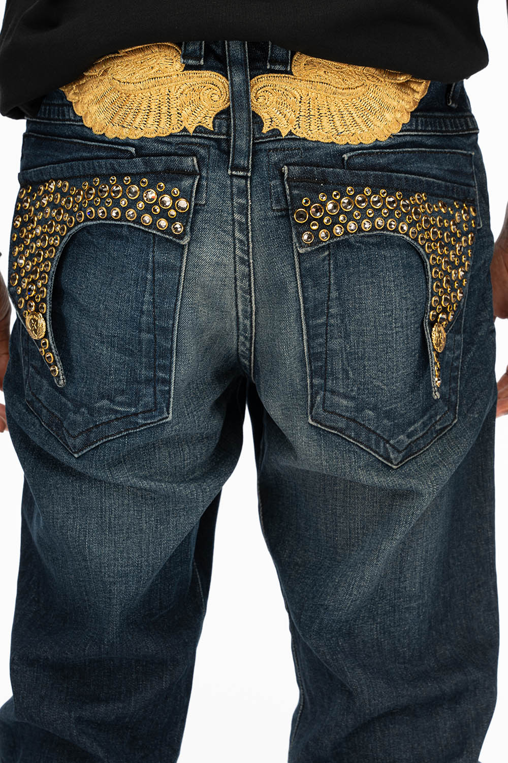 KILLER FLAP MENS SKINNY JEANS IN DARK BLUE WITH GOLD WINGS AND FULL CR ...