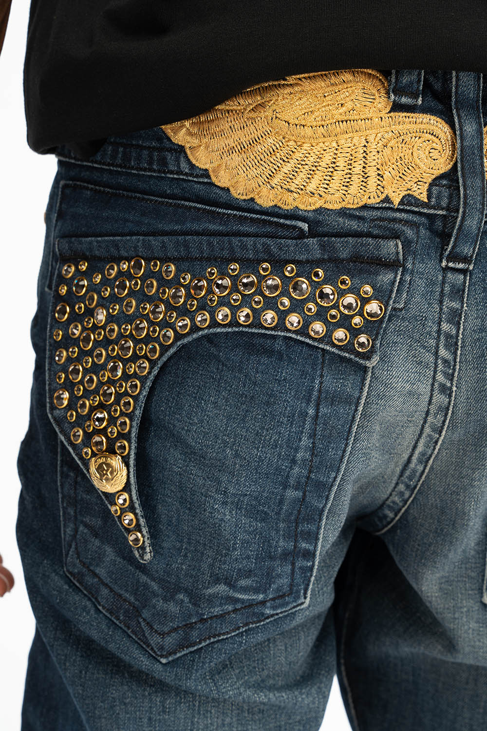 KILLER FLAP MENS SKINNY JEANS IN DARK BLUE WITH GOLD WINGS AND FULL CRYSTAL