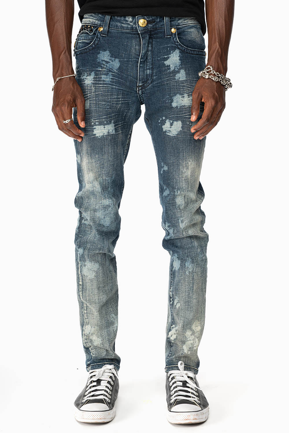 KILLER FLAP MENS SKINNY JEANS IN NEW JAPAN MEDIUM WASH  WITH GOLD WINGS EMBELLISHED WITH CRYSTALS