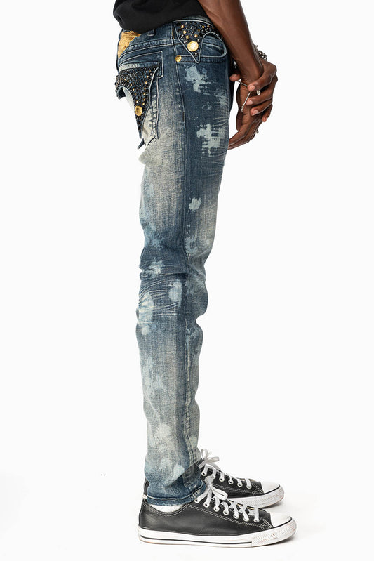 KILLER FLAP MENS SKINNY JEANS IN NEW JAPAN MEDIUM WASH  WITH GOLD WINGS EMBELLISHED WITH CRYSTALS