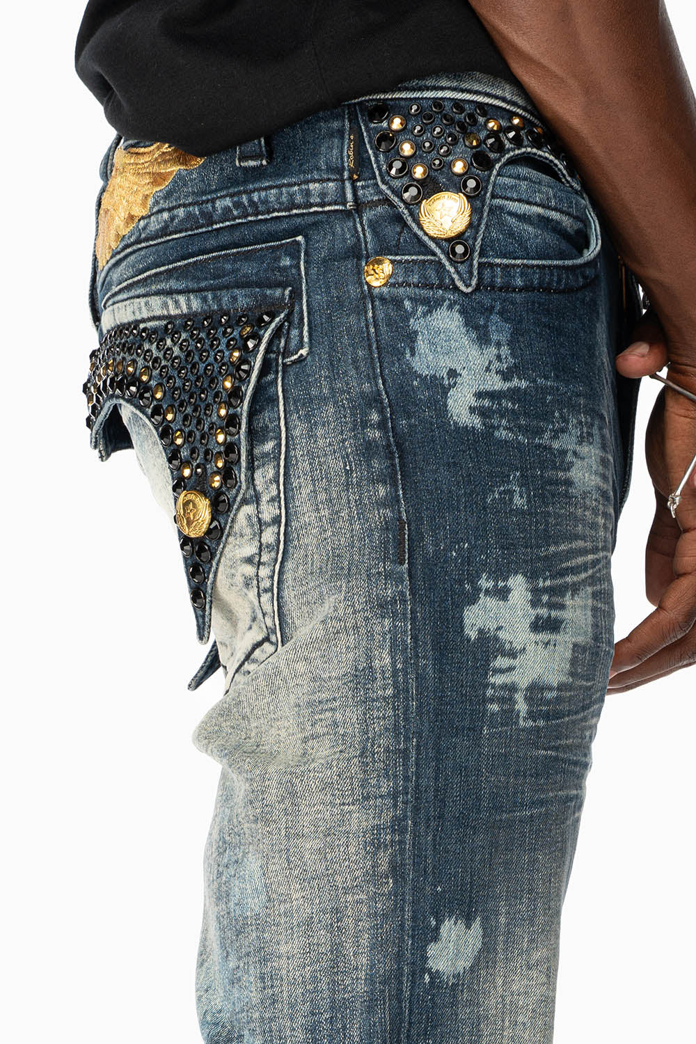 KILLER FLAP MENS SKINNY JEANS IN NEW JAPAN MEDIUM WASH  WITH GOLD WINGS EMBELLISHED WITH CRYSTALS