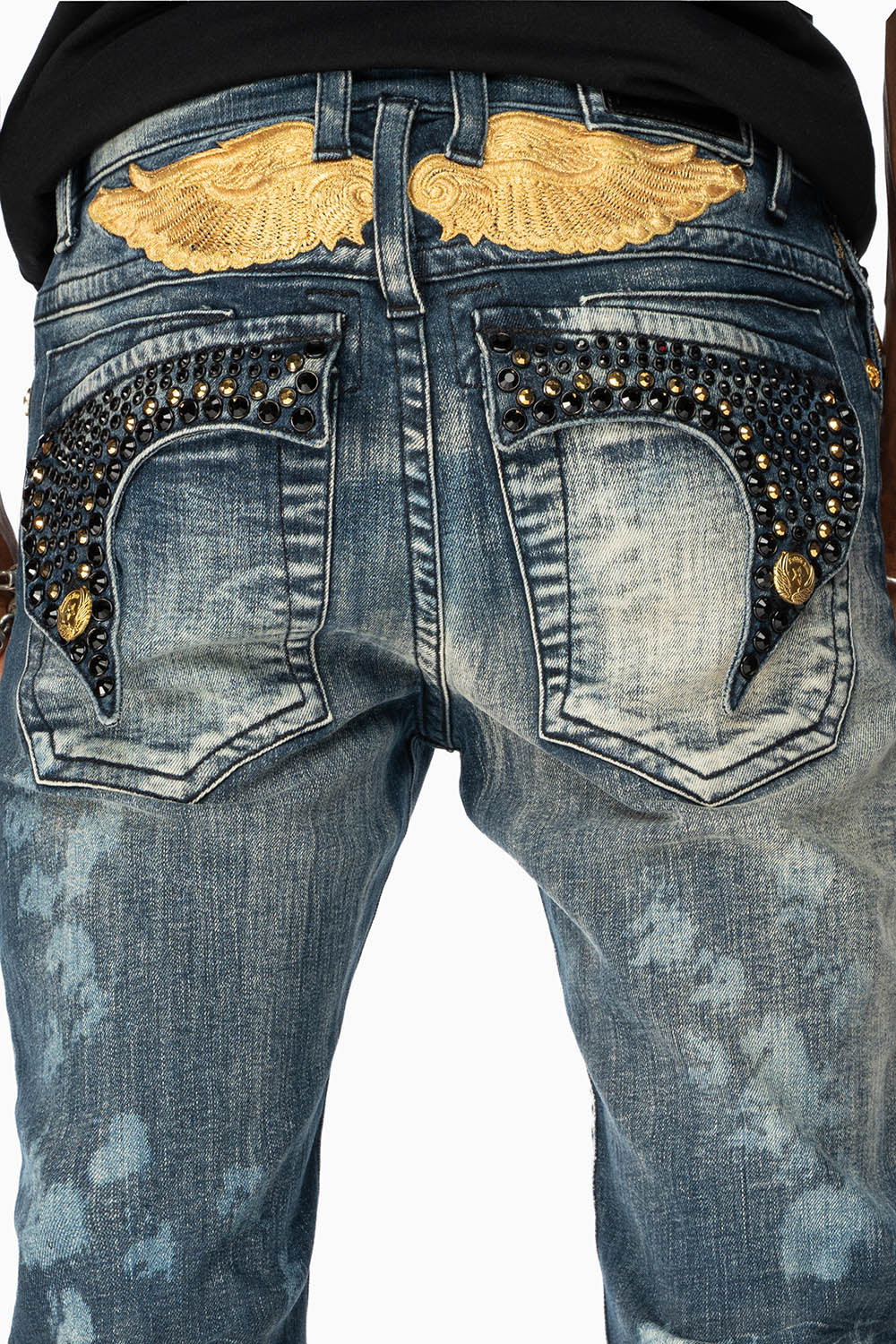 KILLER FLAP MENS SKINNY JEANS IN NEW JAPAN MEDIUM WASH  WITH GOLD WINGS EMBELLISHED WITH CRYSTALS