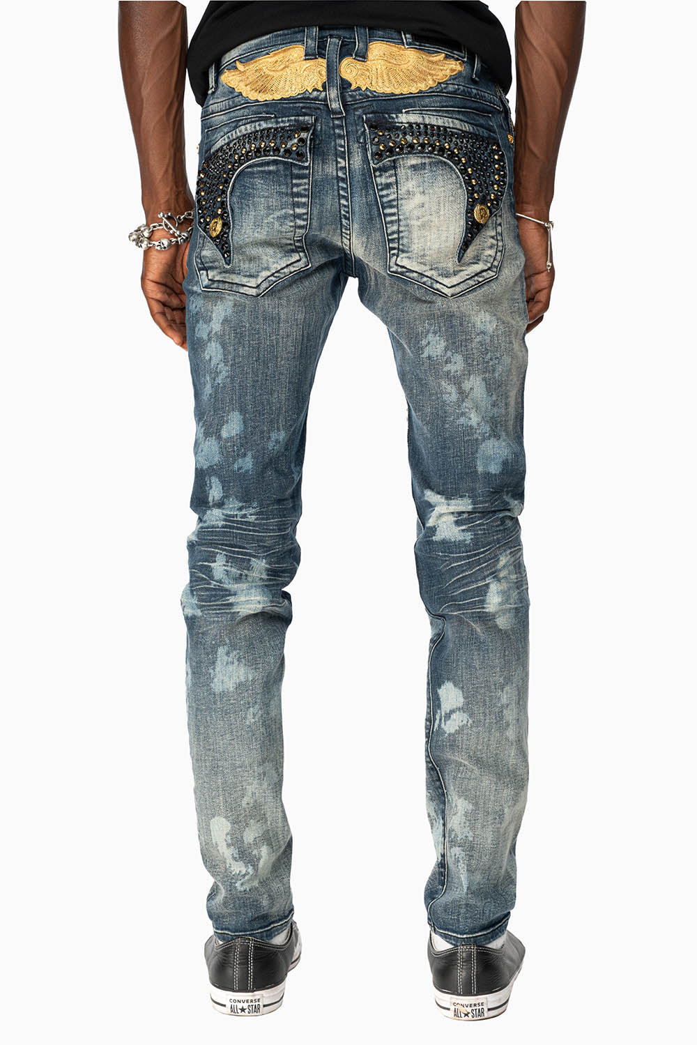 KILLER FLAP MENS SKINNY JEANS IN NEW JAPAN MEDIUM WASH  WITH GOLD WINGS EMBELLISHED WITH CRYSTALS