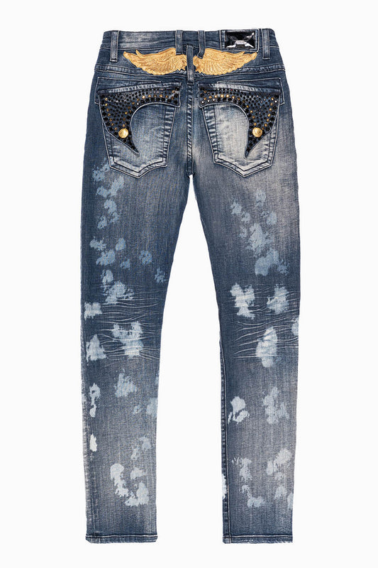 KILLER FLAP MENS SKINNY JEANS IN NEW JAPAN MEDIUM WASH  WITH GOLD WINGS EMBELLISHED WITH CRYSTALS