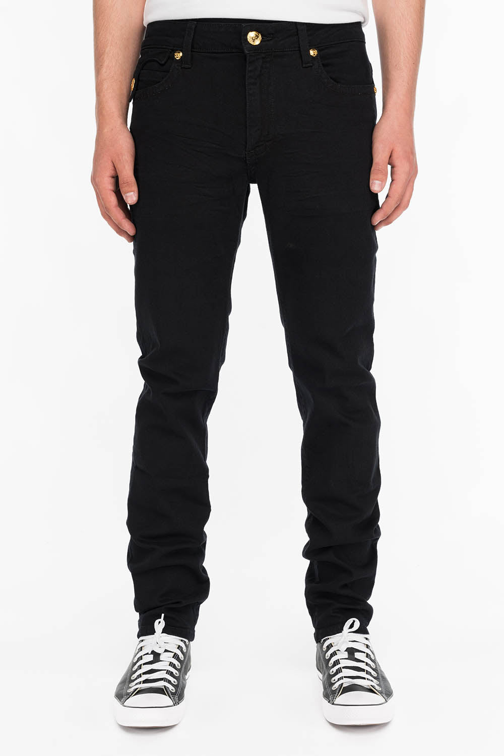 KILLER FLAP MENS SKINNY JEANS IN BLACK WITH GOLD WINGS