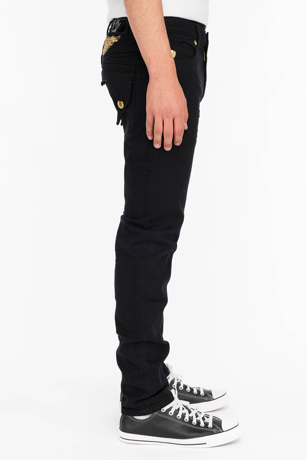 KILLER FLAP MENS SKINNY JEANS IN BLACK WITH GOLD WINGS