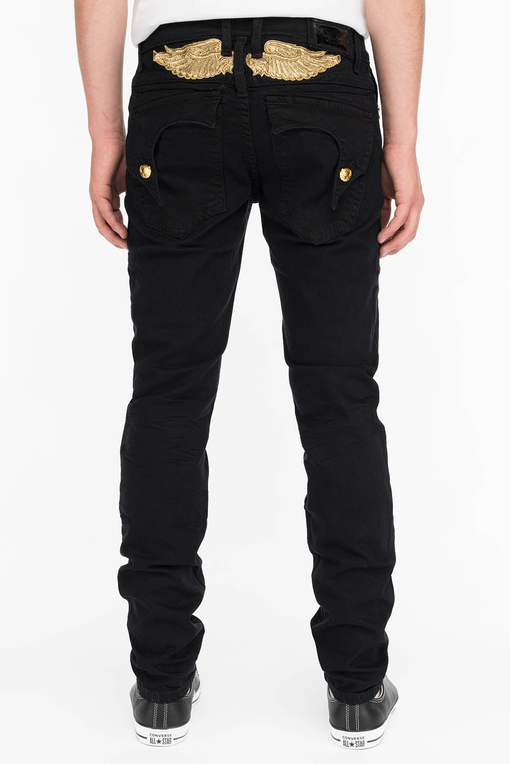 KILLER FLAP MENS SKINNY JEANS IN BLACK WITH GOLD WINGS