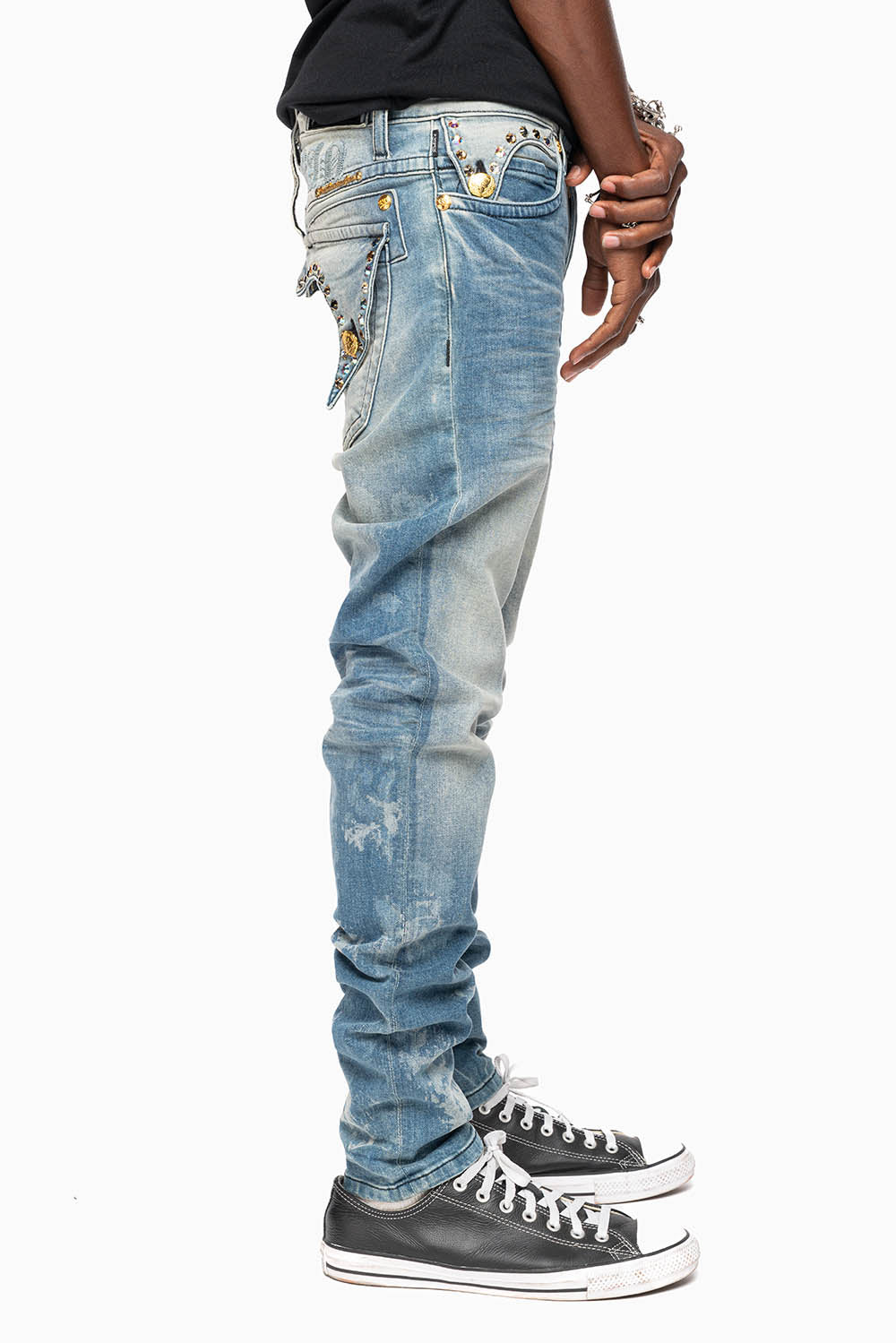 KILLER FLAP MENS SKINNY JEANS IN ODESSA VINTAGE MEDIUM WASH WITH MONTANA CRYSTALS