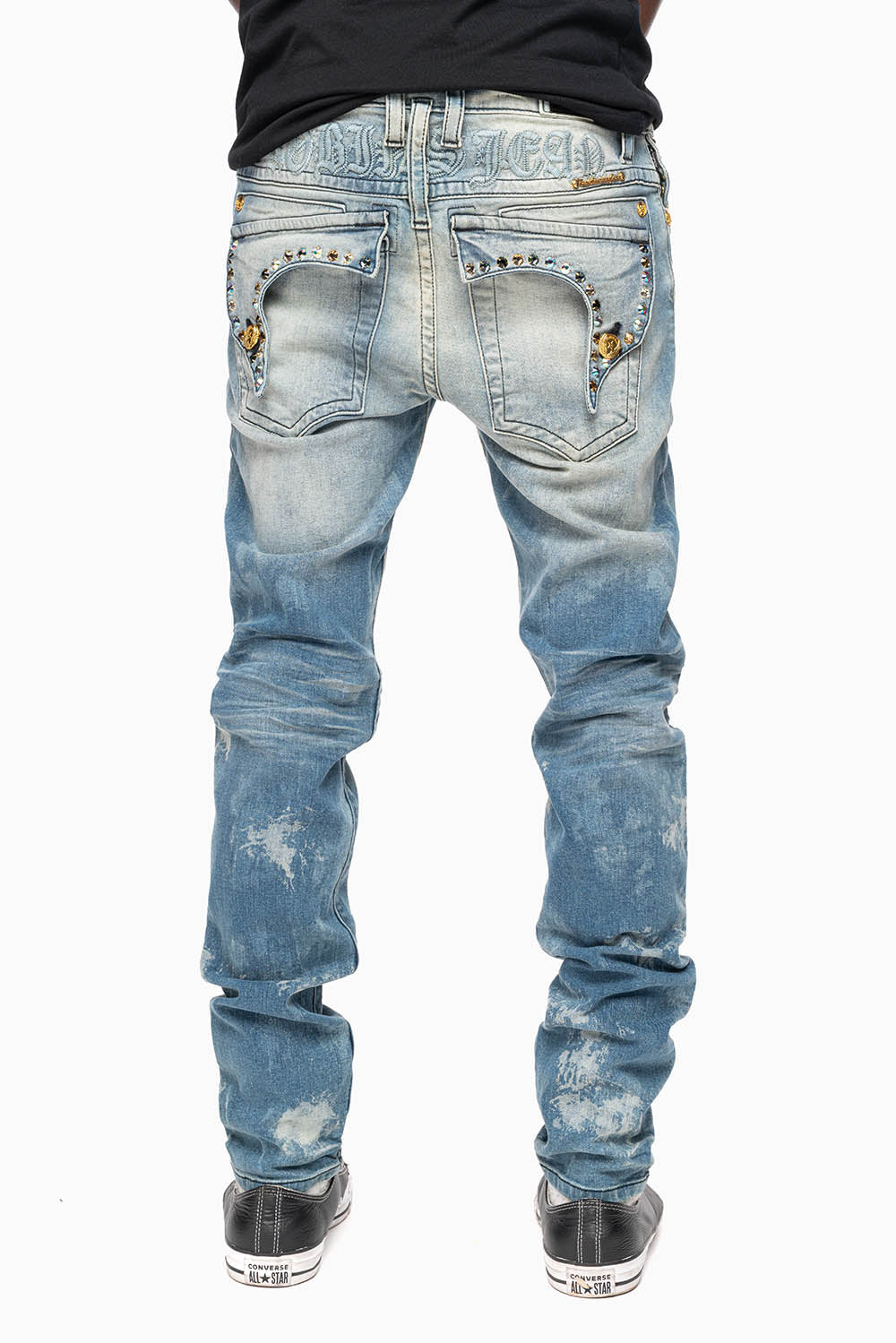KILLER FLAP MENS SKINNY JEANS IN ODESSA VINTAGE MEDIUM WASH WITH MONTANA CRYSTALS
