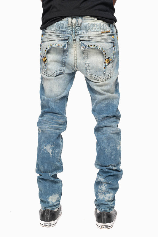 KILLER FLAP MENS SKINNY JEANS IN ODESSA VINTAGE MEDIUM WASH WITH MONTANA CRYSTALS
