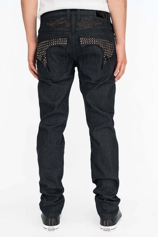 MENS RAW DENIM SLIM FIT KILLER FLAP JEANS WITH WINGS STUDS AND CRYSTALS