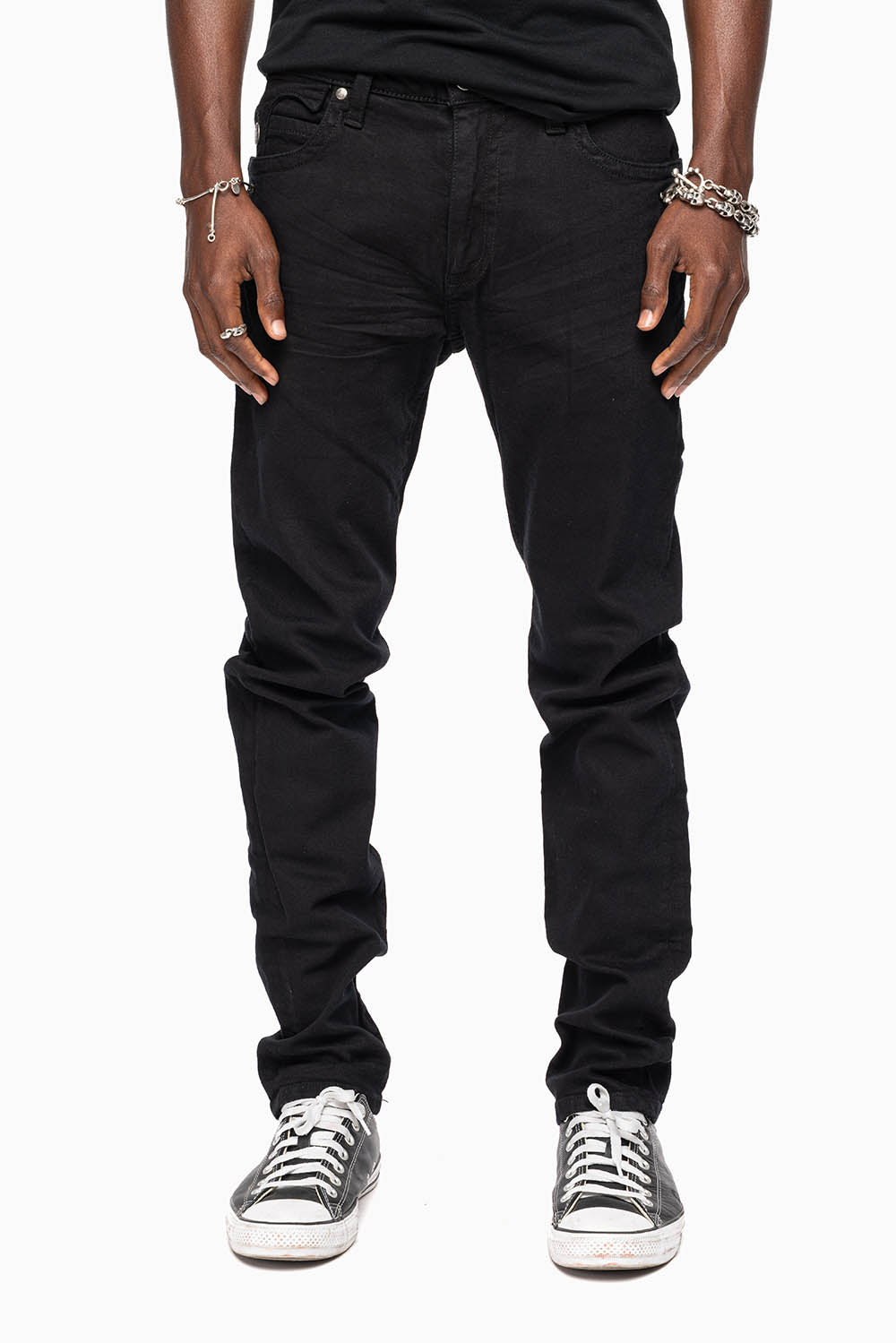 KILLER FLAP MENS SKINNY JEANS IN PURE BLACK WITH SILVER O.E. LOGO