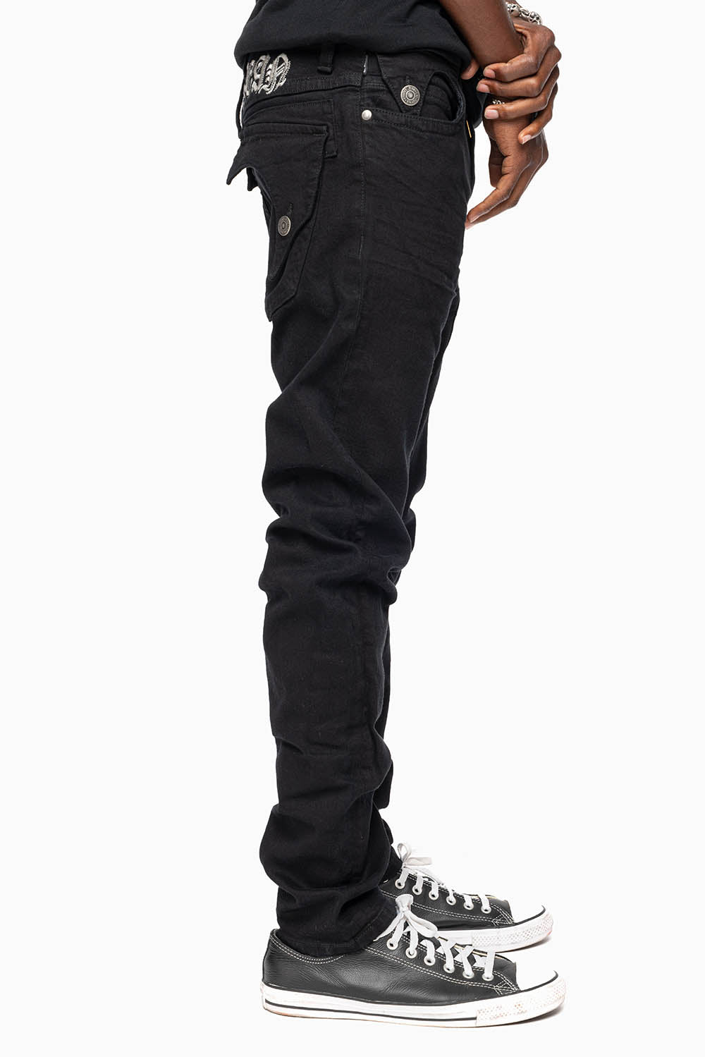 KILLER FLAP MENS SKINNY JEANS IN PURE BLACK WITH SILVER O.E. LOGO
